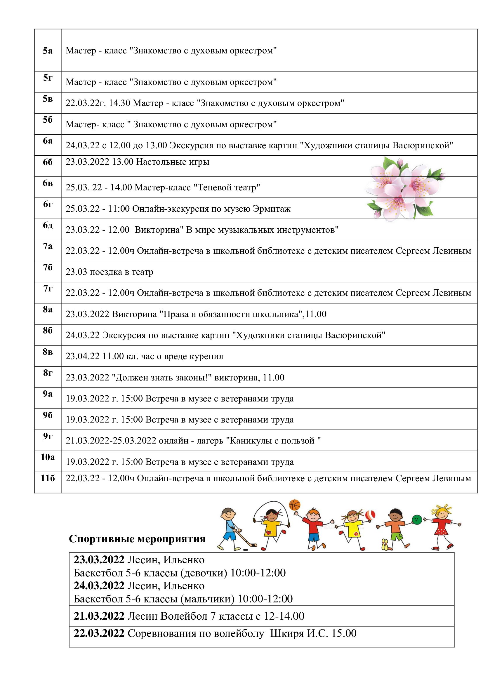План мероприятий на весенних каникулах 2021 2022